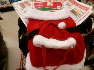 This wuz da Santa suit. Meez tellin' ya' ifin they had a lawge yous wuld be seein' me in it wight now. 