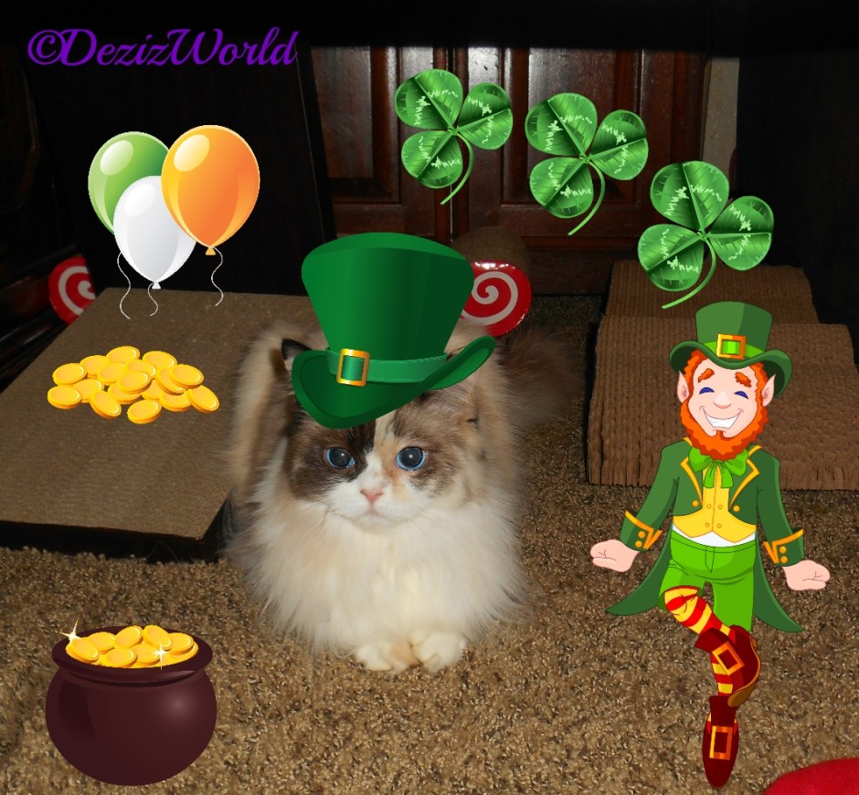 Raena in green irish hat with leprechaun, pot of gold and surrounded by clovers