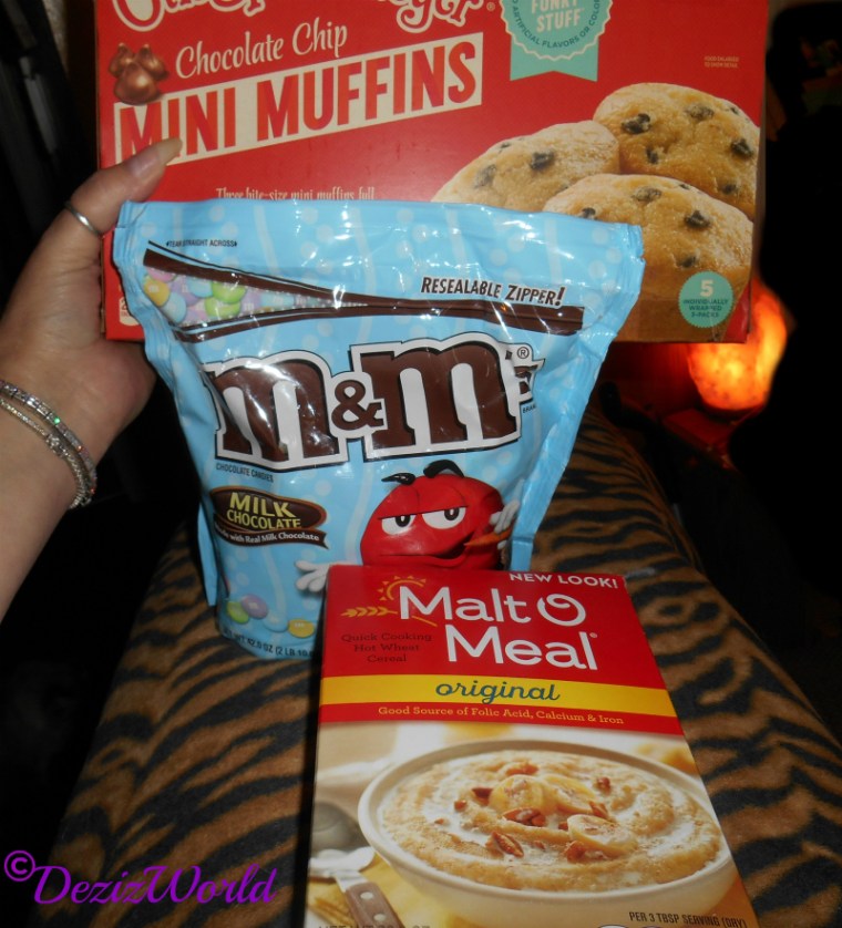 Malt O Meal, M&M's, and chocolate Mini Muffins gift