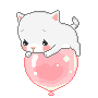 Kitty lays atop a floating balloon emoji