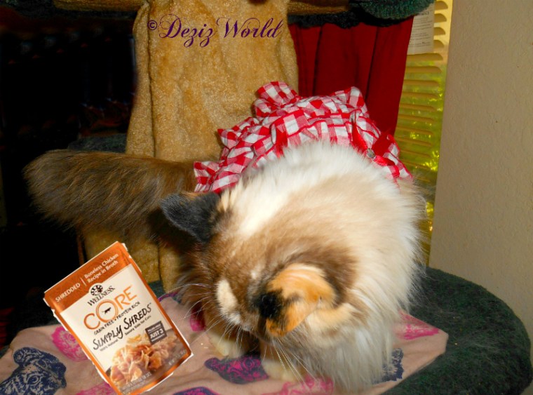 Raena looks at Wellness Core packer while wearing her red dress