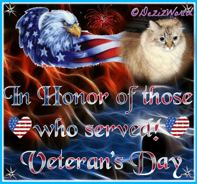 Dezi in an animated frame with an eagle and flag thanking the veteran's