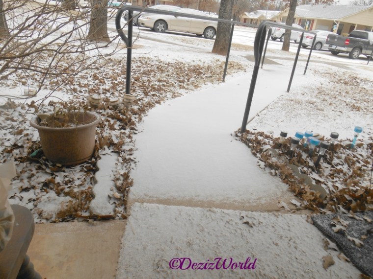 Look out from front door at snow and ice