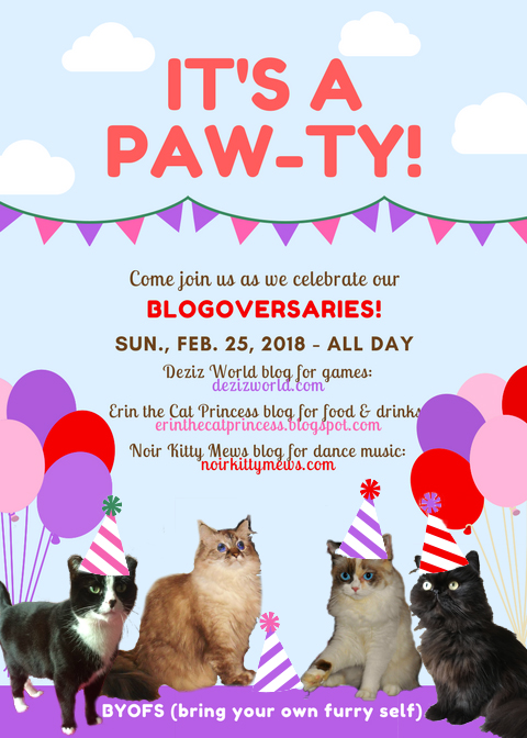 Blogoversary invite to DezizWorld, Erin the Cat Princess and Valentine's blog
