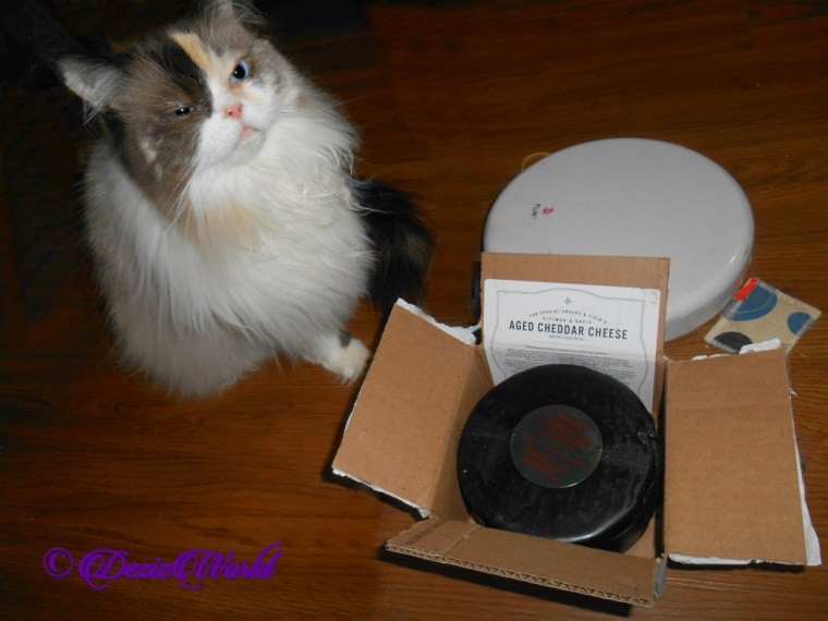 Raena poses with cheese wheel gift from LouLou, Suzanne and Don